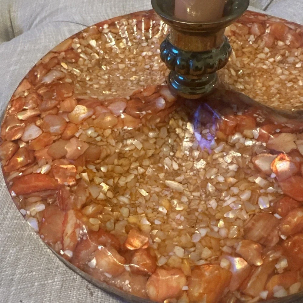 Vintage Mother Of Pearl Lucite Trinket/brass Candle Holder Orange Vomit 9